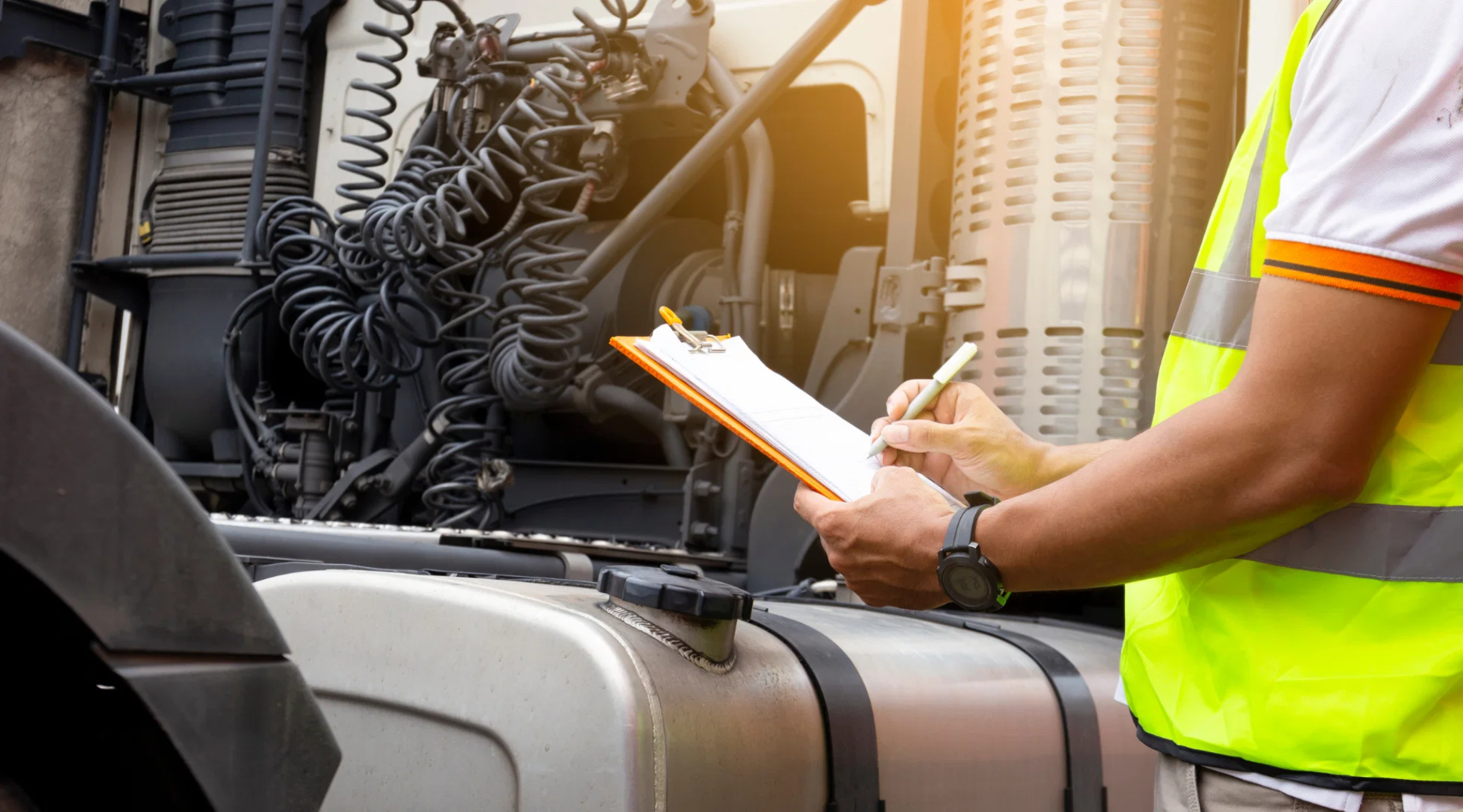 Technician inspecting a commercial truck