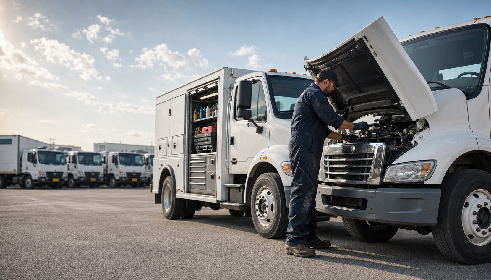 Mobile fleet maintenance technician servicing a commercial truck beside a clearly equipped service vehicle